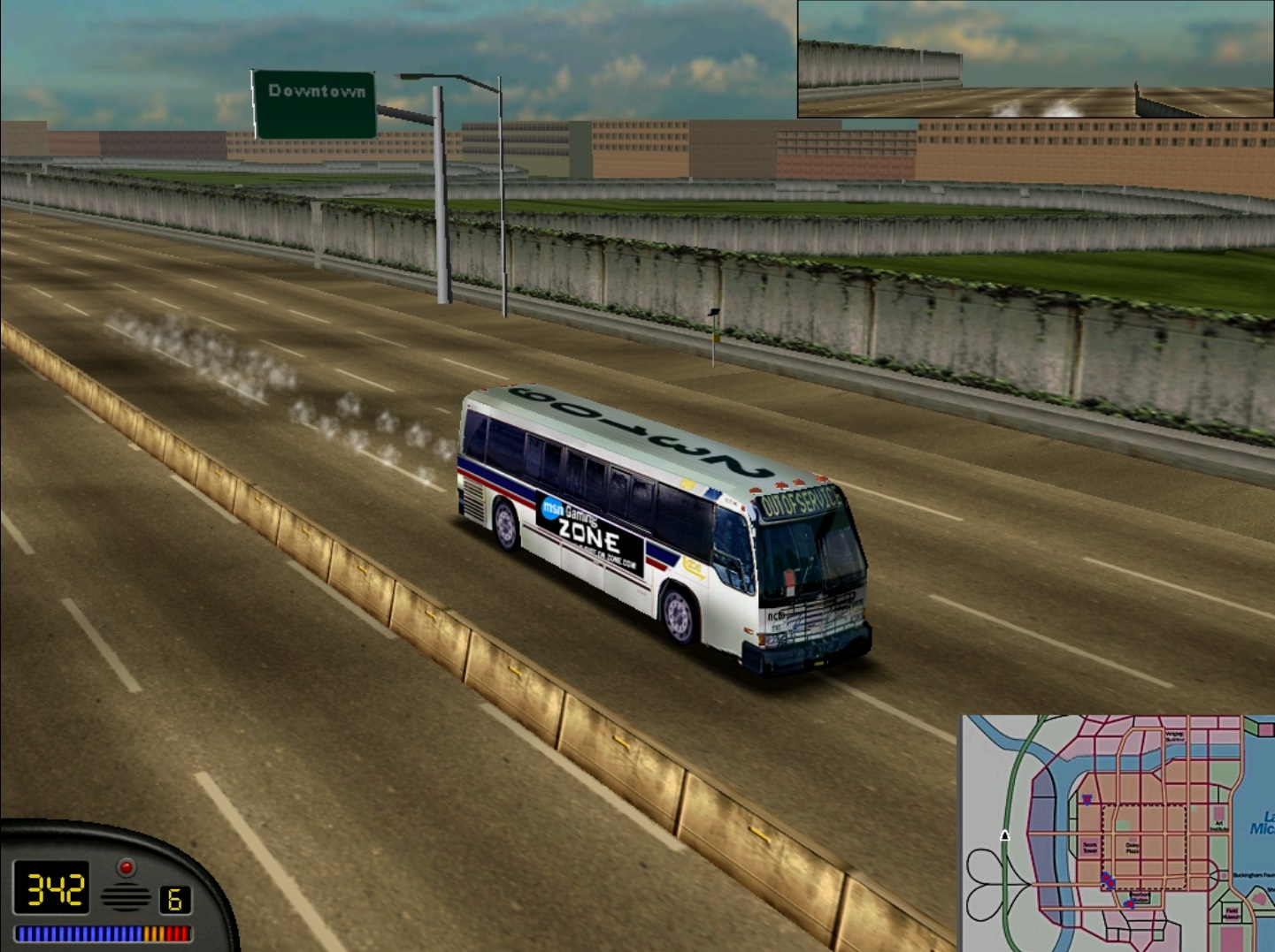 Photograph of the game Midtown Madness 1, executed thanks to the tool \''Video Patcher\'', and \''Widescreen tool\''. Using the modified city bus with \''Midtown Madness Tweaker\''.